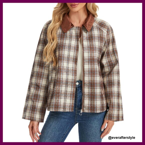 Retro Plaid Barn Jacket Lightweight Cropped Casual Chic Fall Outerwear
